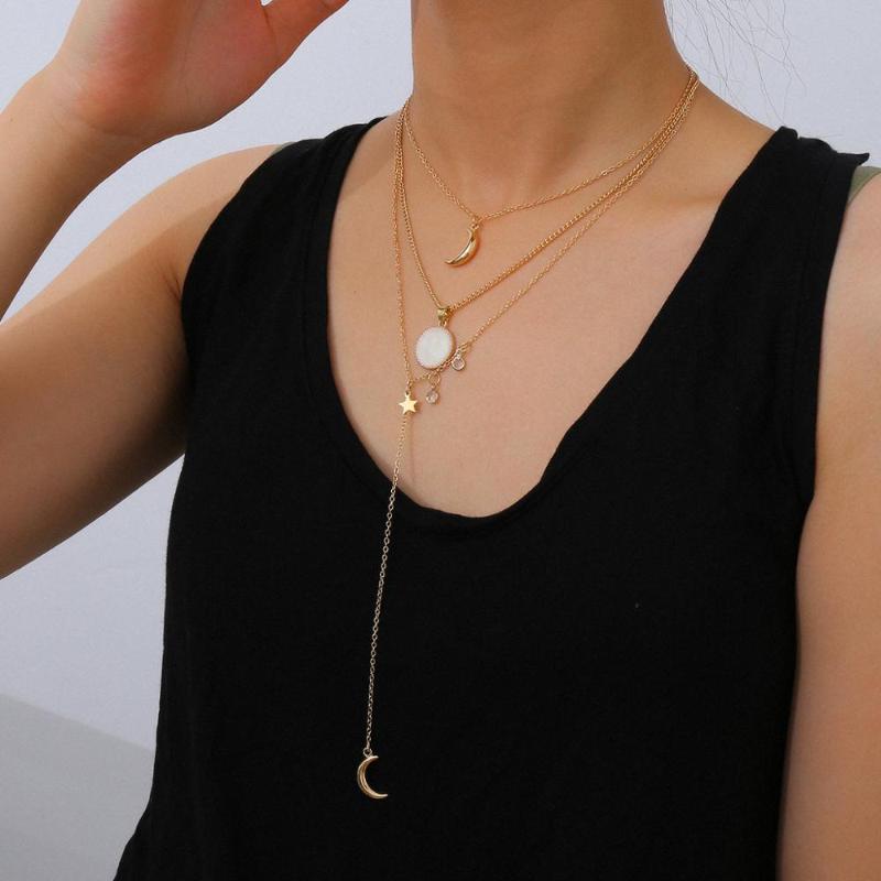 

Fashion tassel multi-layer crystal necklace female sun moon star geometric pendant necklace hot sale