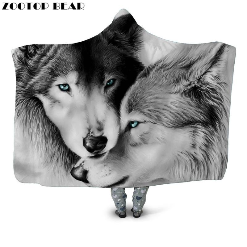 

Cool Wolf Animal Outdoor Soft Couple Hooded Blanket 3D print Fashion Wearable Fleece Throw Blankets Brand Cloak Adult Bedding