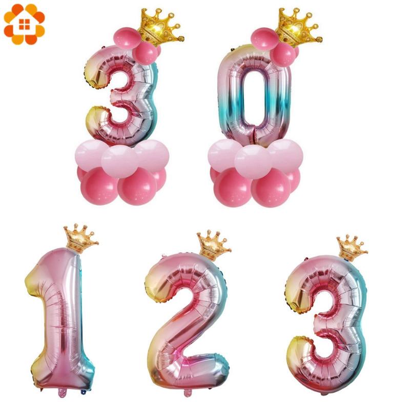 

1set 32inch Rainbow Number Foil Digit Air Balloons Crown For Kid Boys Girls Happy Birthday Balloon Party Baby Shower Decoration
