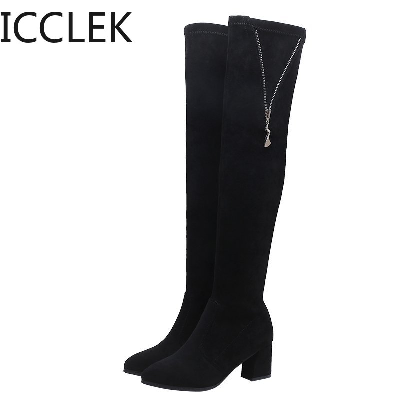 

2020 Fashion Warm Women Boots Winter Over The Knee Heels Quality Suede Long Comfort Square Botines Mujer Thigh High Boots, Black