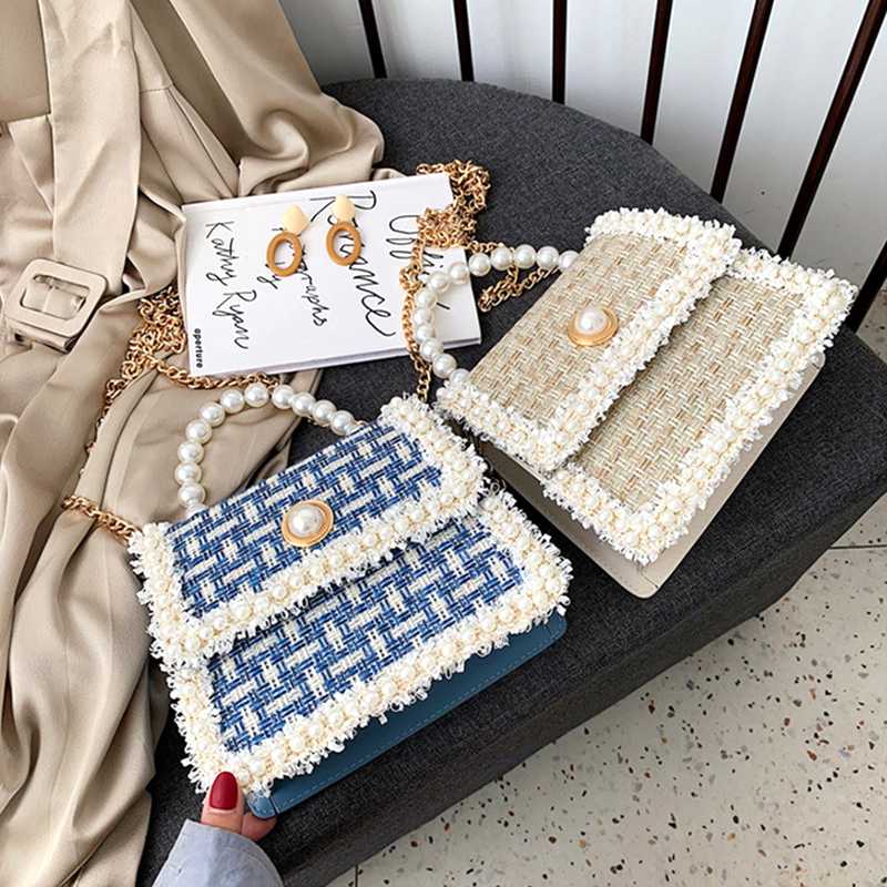 

Chic Women Shoulder Bag Wool Fabric Ladies Party Handbag Bandolera Mujer Pearls Top Handle Fashion Crossbody Chain Bag, Black