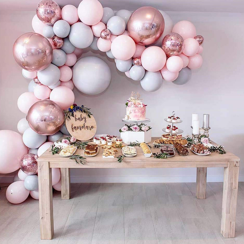 

169pcs 5''-18'' Amais Macaroon Pink ang Gray Color Balloons For Girls Birthday Party Wedding Baby Shower Decorations