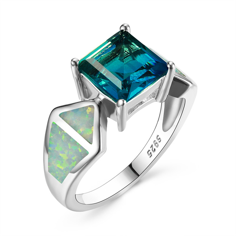 

Boho Female White Fire Opal Stone Ring Vintage Ocean Blue Rainbow Rings For Women Vintage Wedding Band Love Engagement Ring