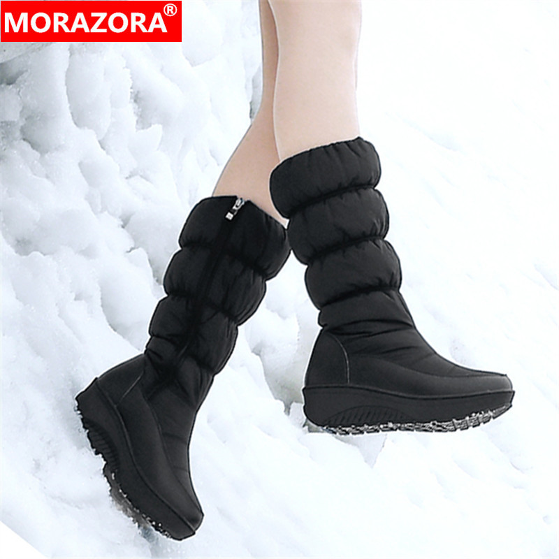 

MORAZORA 2020 hot sale fashion winter keep warm snow boots comfortable flat heel round toe zipper mid calf boots for woman, Black