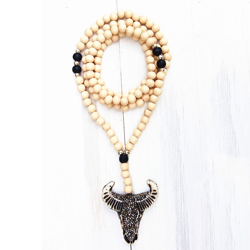 

Ethnic style unique bull head pendant necklace handmade round wooden beads beaded long clothes accessories animal punk jewelry