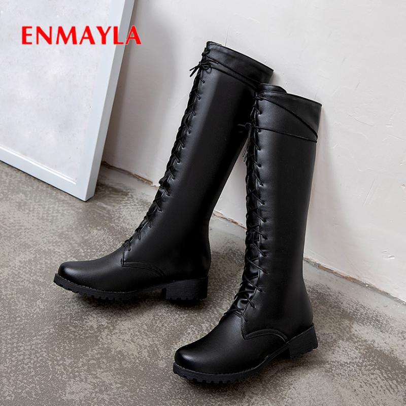 

ENMAYLA Square heel Lace-Up Motorcycle boots Knee-High Round Toe PU women boots Med Solid Short Plush Cross-tied thigh high boot, Black