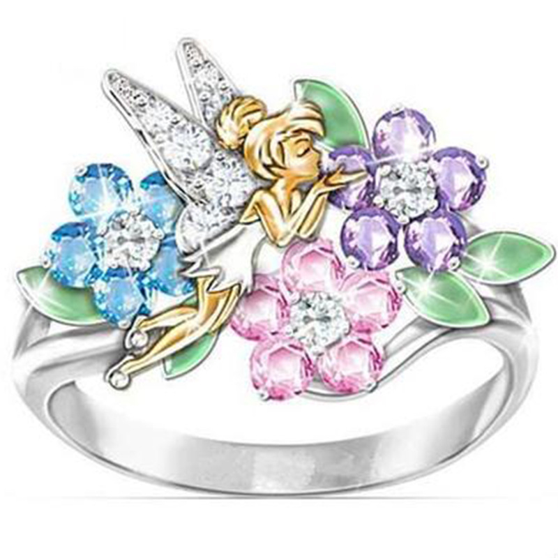 

2020 Hot Fashionable Fashion Inlaid Color Zircon Shiny Woman Ring Flower Angel Double Color Ring Banquet Gift Girl Fine Jewelry