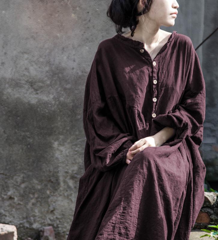 

Women vintage loose pleated dress plack lantern sleeve Retro Dress casual Spring Autumn Maxi Long dresses female vestidos Ladies, As photo