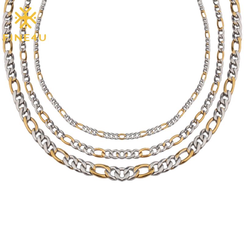 

FINE4U N510 Stainless Steel Figaro Chain Necklace 4/5/8mm Wide Cuban Chains For Men Women