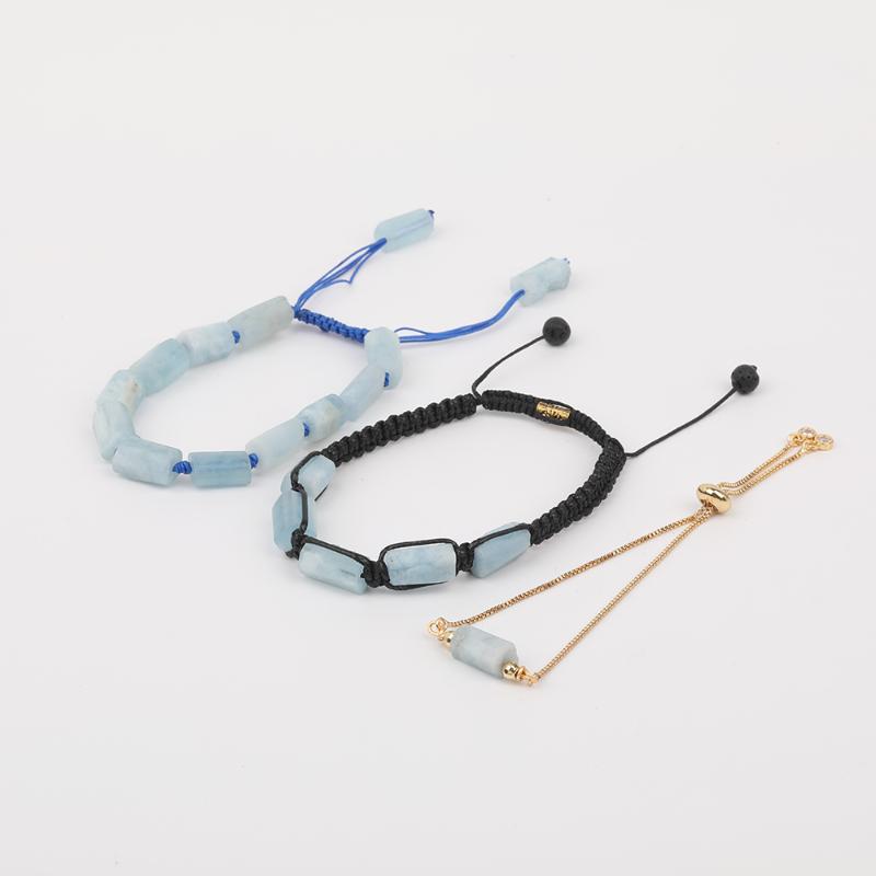 

10Pcs/Lot Natural Aquamarines Stone Beads Cord Knot Adjustable Bracelet Women Leather Wrap Beads Braided Handmade Bracelet
