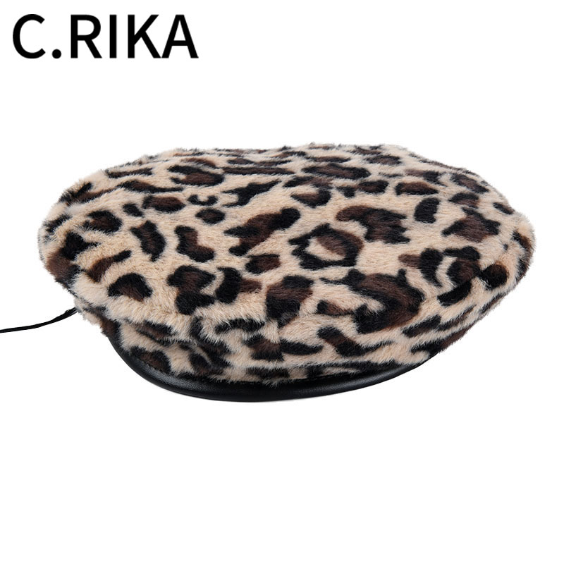 

New Vintage Leopard Warm Faux Fur Autumn Winter Beret Women French Hat Artist Beanie Fashion Beret Hat for Female Girls, Khaki