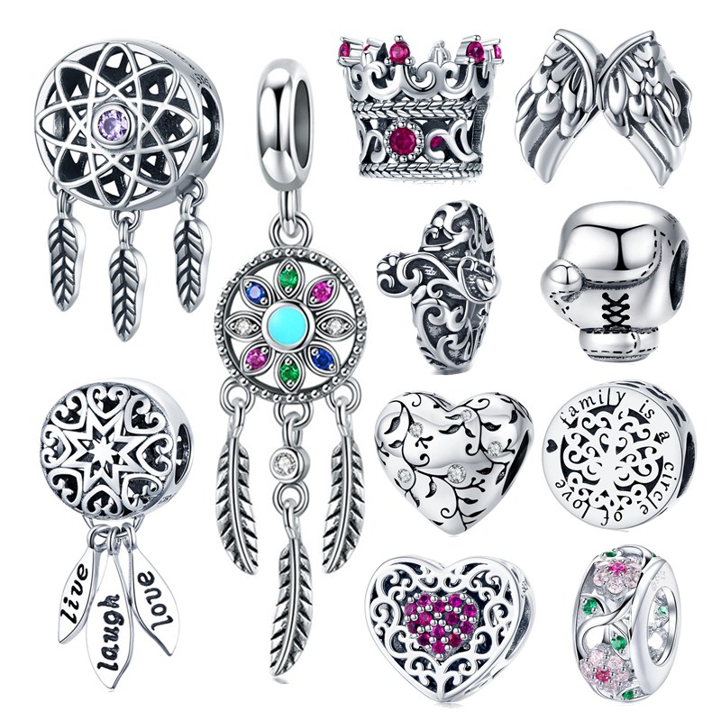 

INBEAUT Hot Sale 925 Sterling Silver Dream Catcher Angel Wing Charms fit Brand Bracelet Heart Tree Blossom Crown Flag Beads