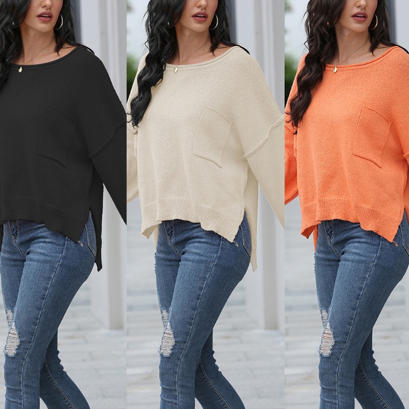 

Women Long Sleeve O-Neck Sweater Side Slit High Low Solid Loose Knit Jumper Tops 517F, Black