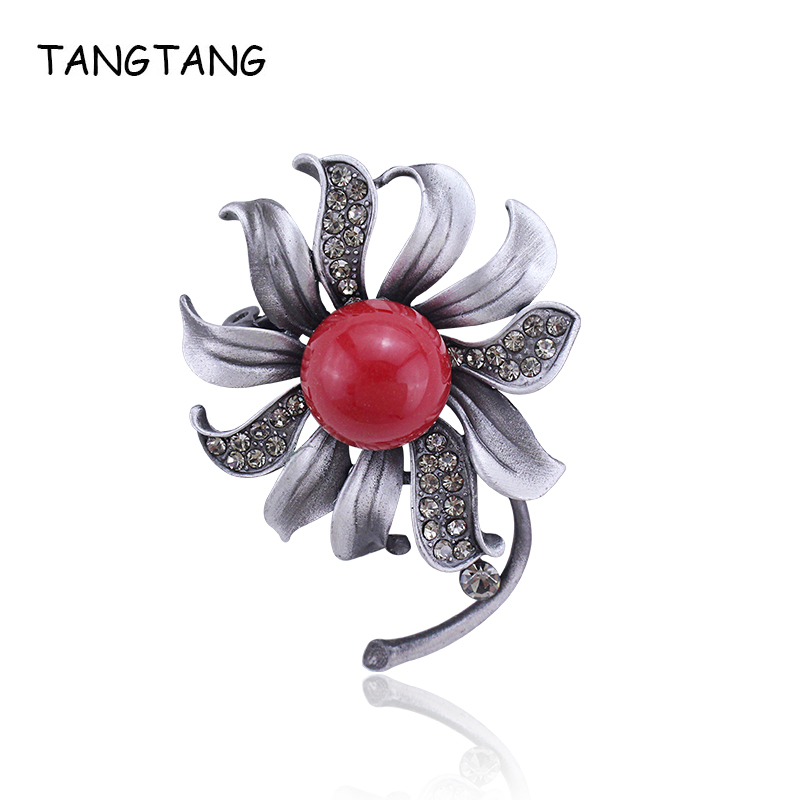 

TANGTANG Red Brooch 2020 New Black Tone Brooches For Women Flower Morning Glory Brooch Pins Jewelry Red Stone Pearl Crystal Pin