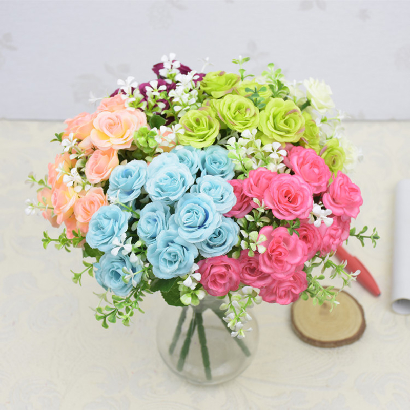 

15 Heads Roses Artificial Flower For Home Decoration Silk Wedding Fake Flower Decorative Bouquet Branch Wedding Decor, Random color