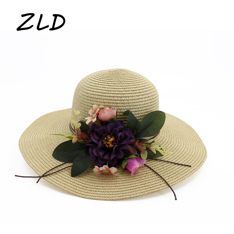 

Summer female straw hat big wide brim flower beach hat fashion sunhat youth hats for women elegant leisure