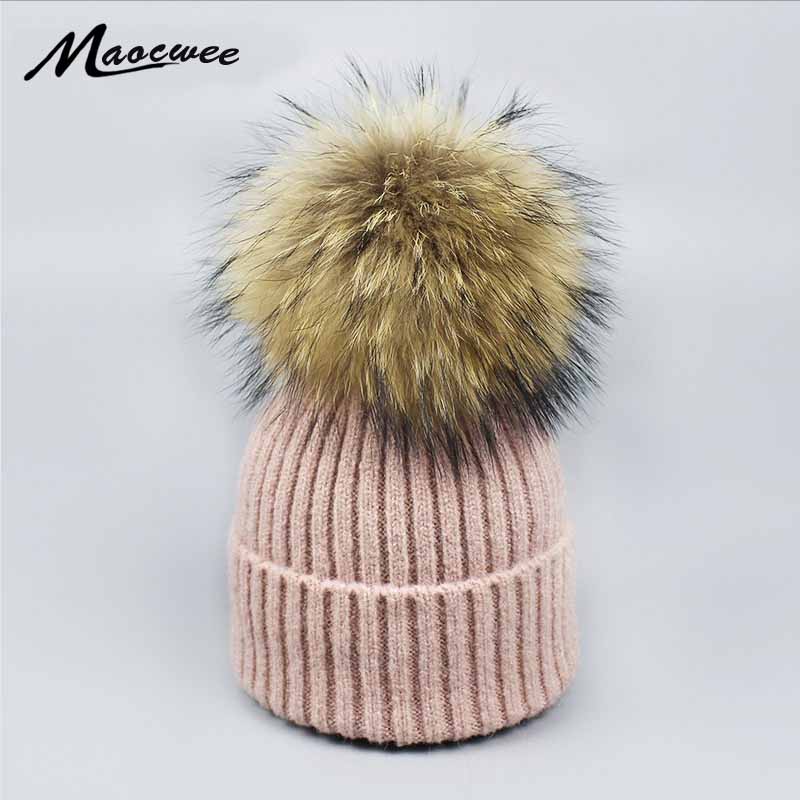 

Autumn winter beanies knitted wool hat unisex Skullies casual cap real raccoon fur pompom solid colors ski gorros cap hat