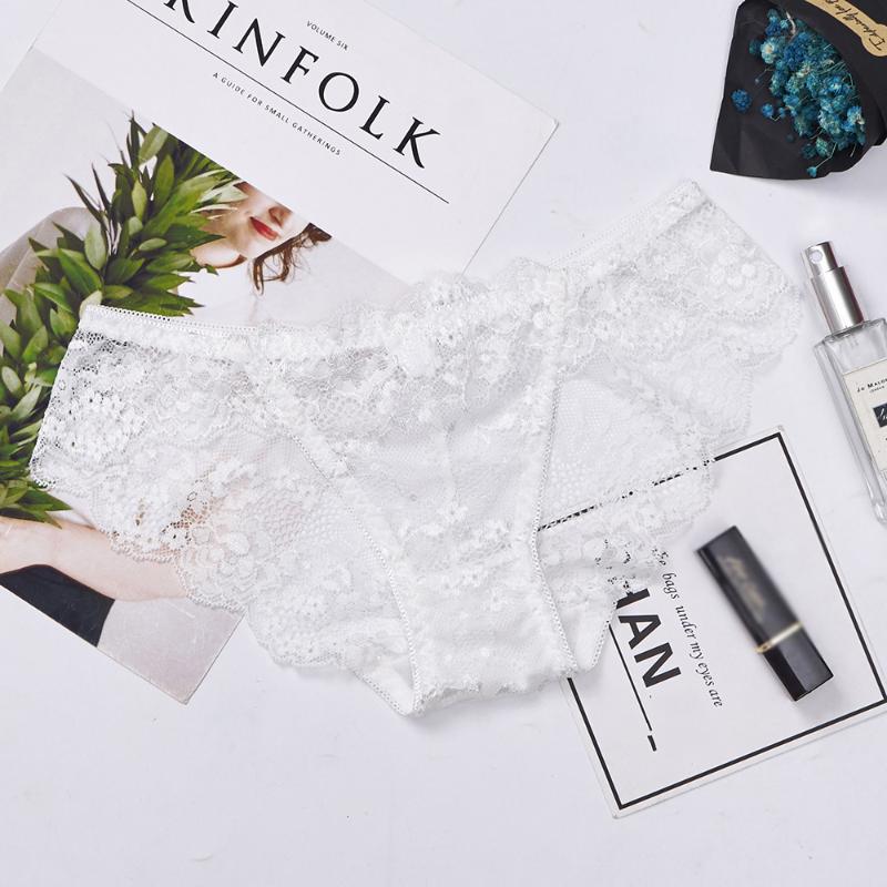 

Summer sexy lace underwear female hollow ladies breathable seamless low waist flower temptation briefs, White