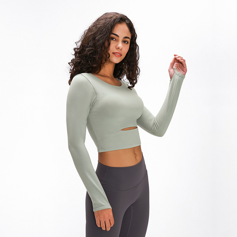 

Sexy Women Show Waist Crop Top Long Sleeve Yoga Shirt Sports Tops Gym Women Workout Shirts Fitness Clothes With Chest Pad, Black
