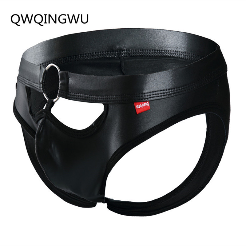 

Sexy PU Leather Mens Underwear Briefs Male Underwear Briefs Sexy Underpants Low Waist Slip Men Panties Open BuThong, Black