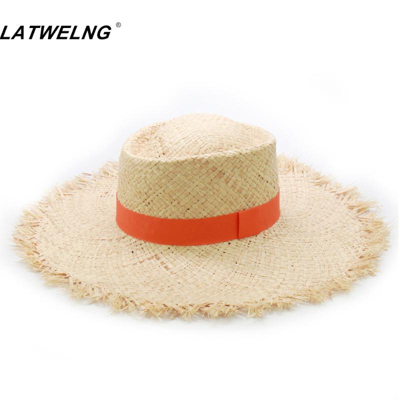 

Wide Brim Hats Fashion Orange Ribbon Sunshine Beach Hat Headwear For Women Fine Straw Raffia Summer Sun Wholesale Drop, White