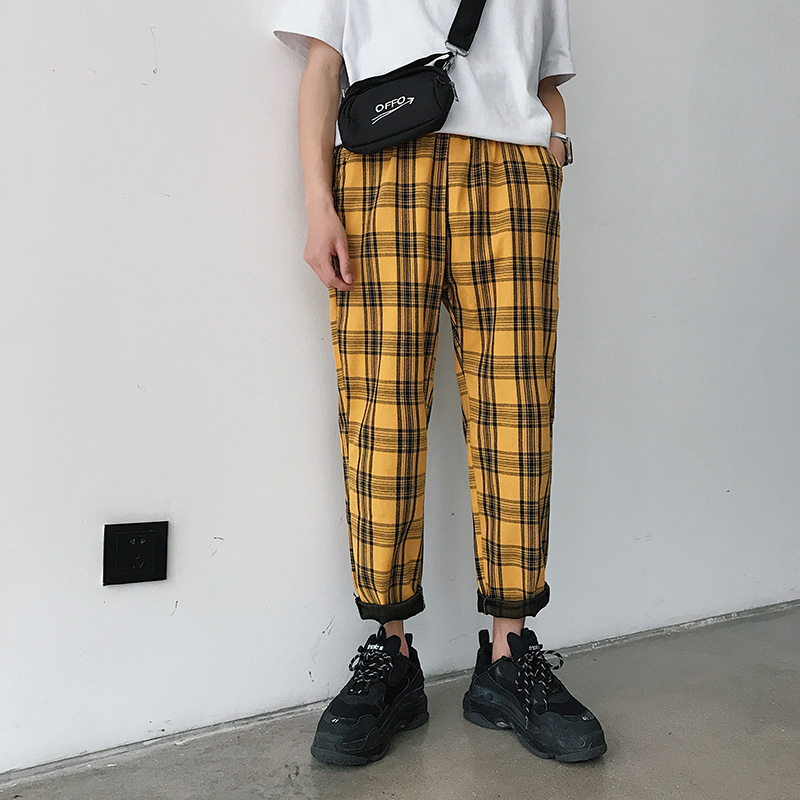 

Hip Hop Yellow Black Plaid Slim Fit Men' Pants 2020 Korean Men Casual Harem Pants Hip Hop Joggers Unisex Streetwear, W5