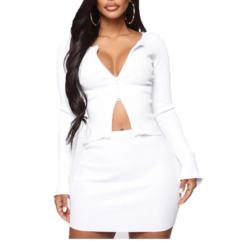 

Fall 2020 Two Pieces White Knitting Sets for Lady Long Sleeve Double Zipper Sexy Women Clothing Sreet Wear, Khaki