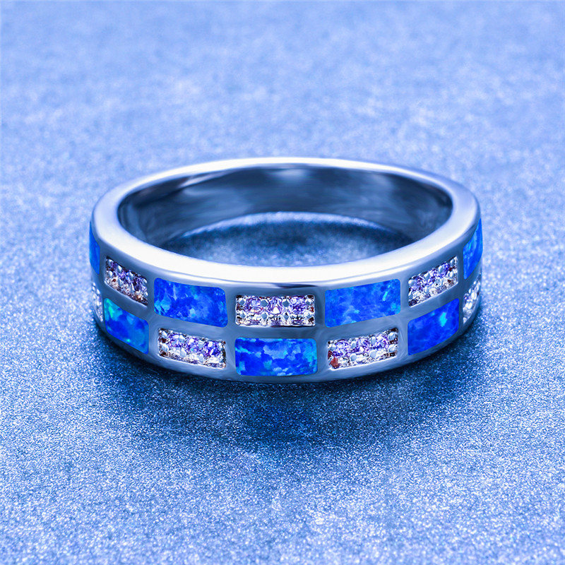 

Cute Female Blue White Fire Opal Ring Boho Silver Color Finger Ring Vintage Wedding Engagement Rings For Women