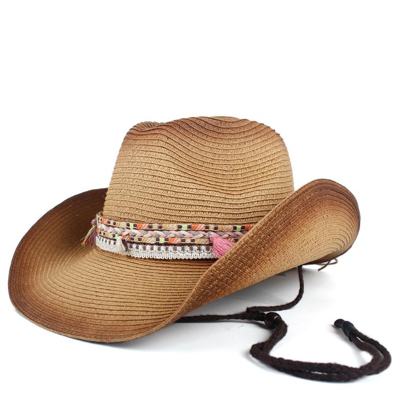 

Fashion Women Hollow Western Cowboy Hat Lady Summer Straw Tassel Sombrero Hombre Beach Cowgirl Jazz Sun Hat, Khaki