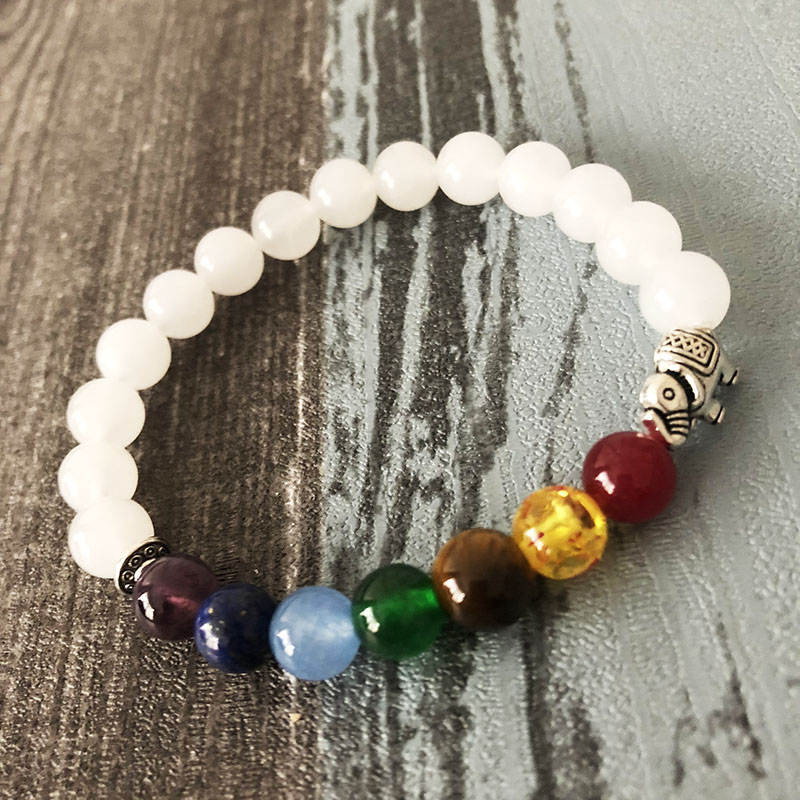 

7 Chakra Bracelet For Women Beads White Stone Beaded Wrist elephant Mala Yoga Bracelet Gift for Her