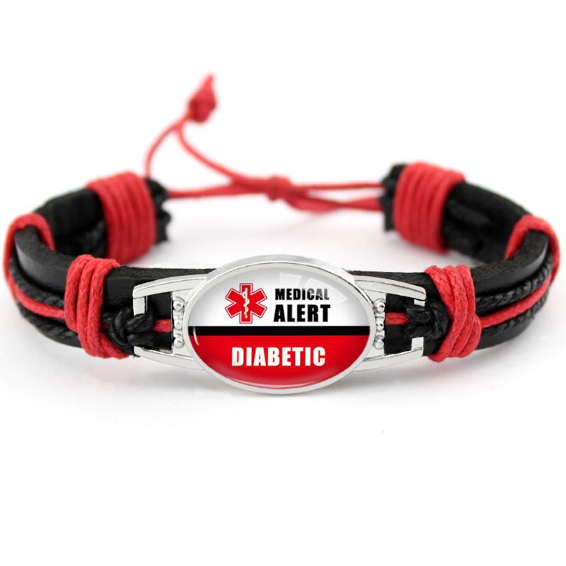 

Diabetes Diabetic Type 1 2 Alert 25*18mm Glass Dome Cabochon Leather Bracelets Women Men Girl Boy Unisex Jewelry Gift