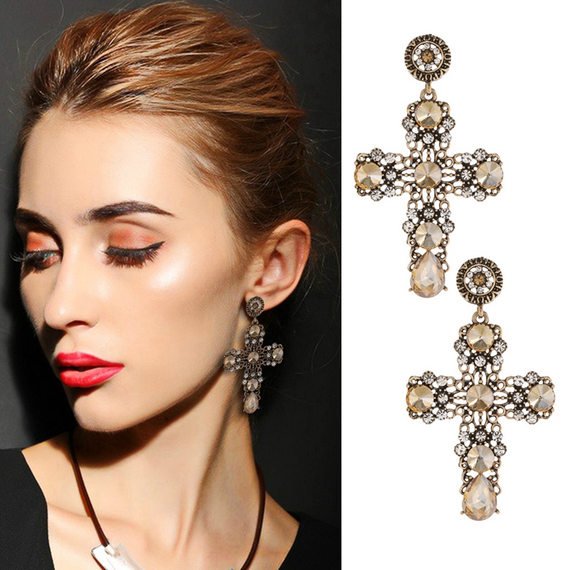 

Dangle & Chandelier Match-Right 2021 Vintage Black Red Crystal Cross Drop Earrings For Women Baroque Bohemian Large Long Jewelry SP1030