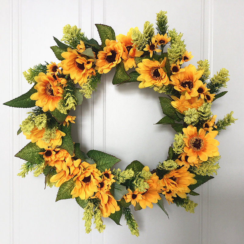 

16 Inch Artificial Sunflower Summer Wreath European Sunflower Green Leaves Front Door Indoor Wall Decorative Flower Wreath, Yellow