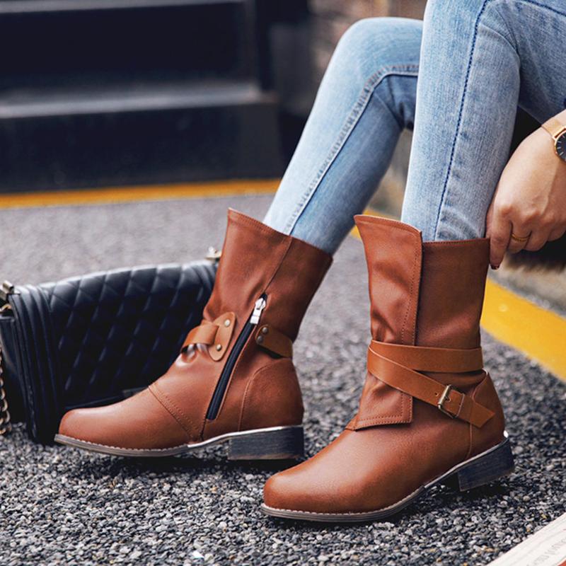 

DORATASIA Classic Women Solid Sewing Shoes Casual Daily Boots Women Round Toe Buckel Low Heel Brand Mid Calf Boots, Yellow