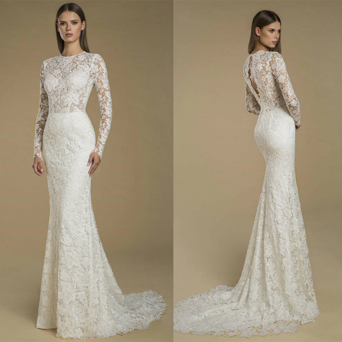 

2021 Mermaid Wedding Dresses Jewel Long Sleeve Bridal Gowns Custom Made Button Back Full Lace Appliques Sweep Train Wedding Dress, White