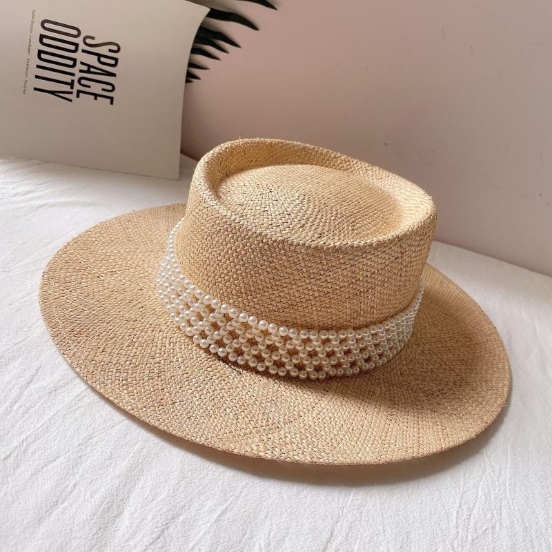 

202006-shi Japanese elegance manual Treasure grass weaving pearl ribbon lady fedoras cap women panama jazz outdoor hat, Beige