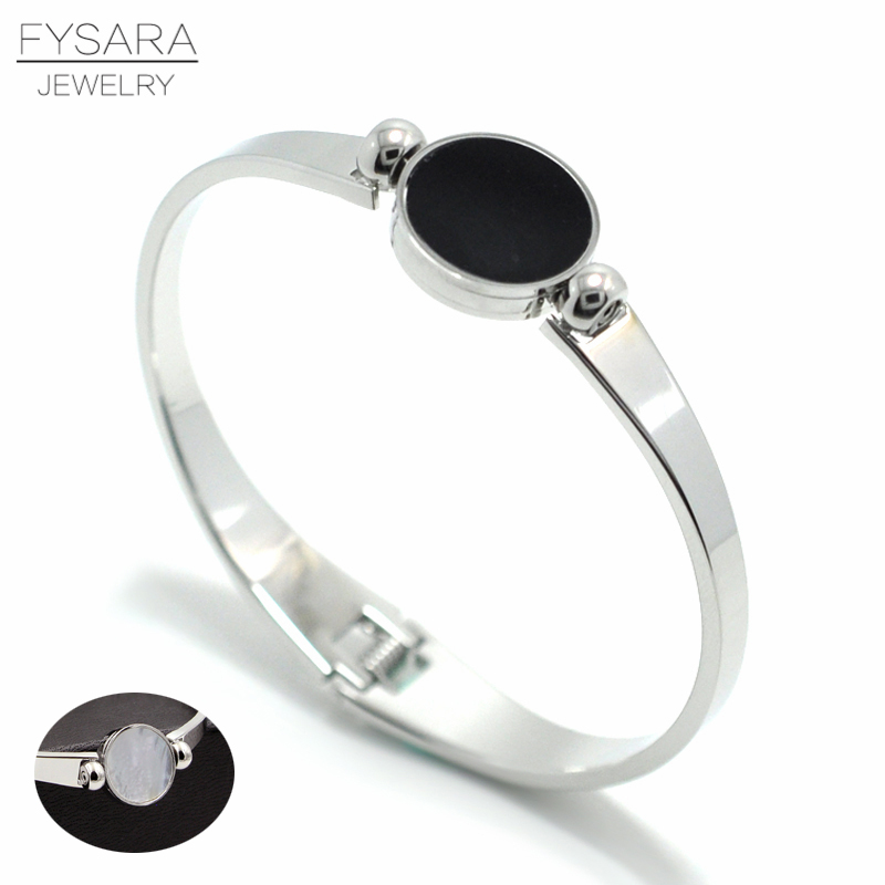 

FYSARA Classic Brand White Shell & Black Double Sided Design Bangles Bracelets Stainless Steel Cuff Charm Bracelets Turnable