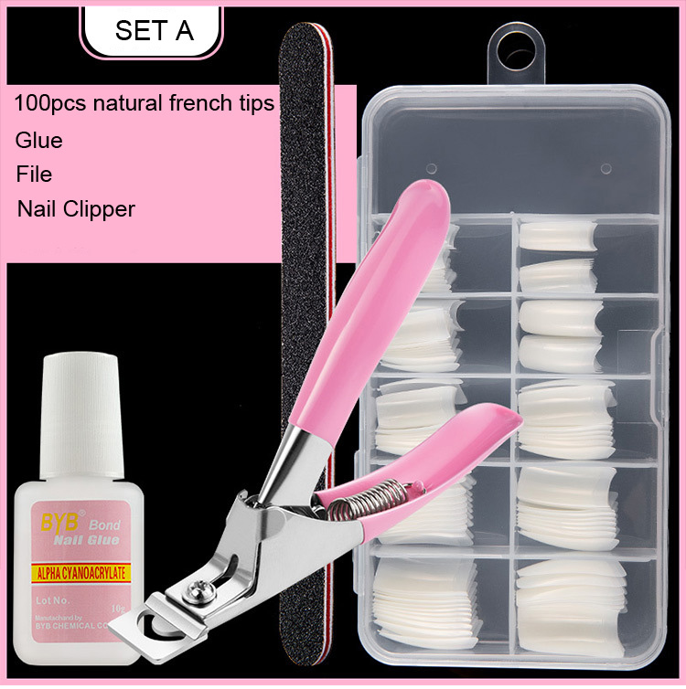 

4 IN 1 100Pcs Acrylic French Tips Natural Clear White False Nail Art Glue Cutter Clipper Polish File 100/180 Tools DIY kits Set, Choose color
