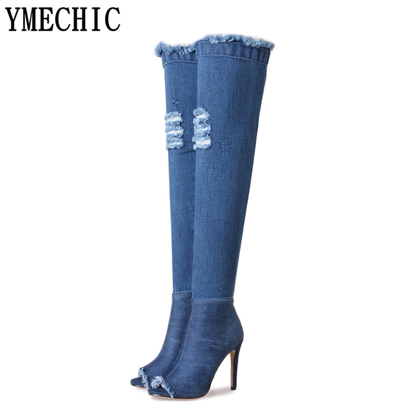 

YMECHIC 2020 Autumn Peep Toe Thigh High Denim Boots Female Plus Size Sexy High Heels Over The Knee Boots Womens Heels Shoes, Short