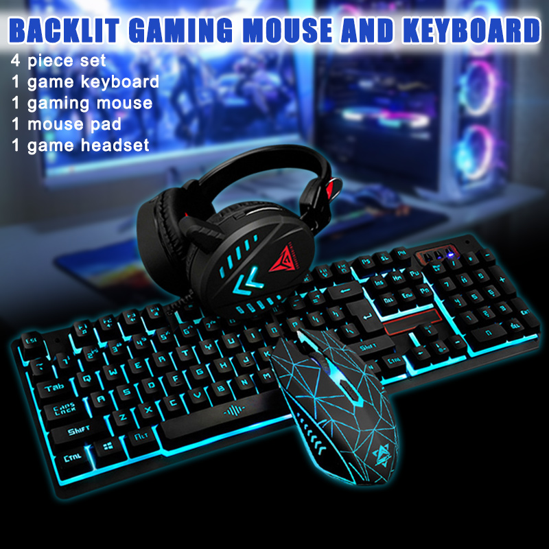 

Gaming Keyboard Mouse Headsets Pad Set 1600DPI Waterproof Illuminated pad Accessories Home Mechanical Wired USB Backlight