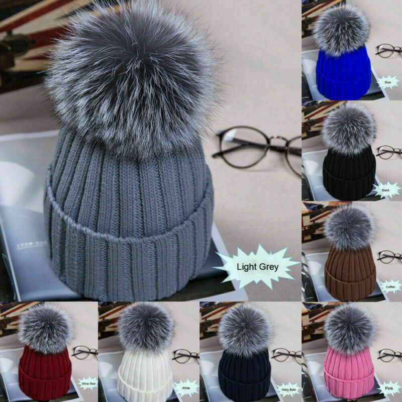 

Women Fur Pom Pom Ball Knit Winter Warm Crochet Baggy Bobble Hat Beanie Beret Ski Cap Warm, White