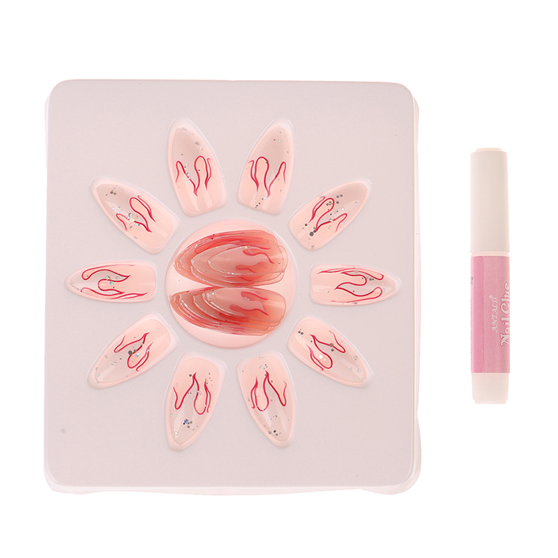 

24 Pcs/Set Full Cover Nails Red Flame Design Fashion Finished Nail Art Punk Flame Pattern Fake Nails Round Head, White