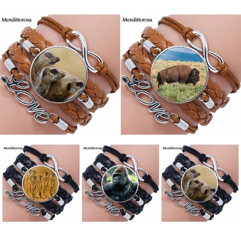 

Wild Animal Picture For Women Gift Fashion Jewelry Glass Cabochon Multilayer Black/Brown Leather Bracelet Bangle Women