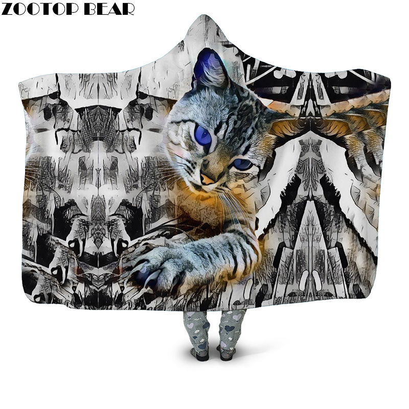 

Funny Cat 3D print Hooded Blanket Couple Adult Animal Anime Picnic Airplane Bedding Soft Fleece Blankets Wearable Brand Fashion