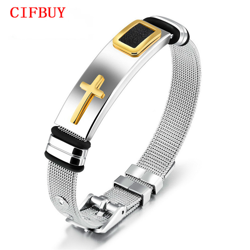 

CIFBUY Punk Cross Bracelet For Men Length 16.5-21 CM Mesh Strap Band Stainless Steel Black/ Gold Color Male Wrap Bracelets GH878