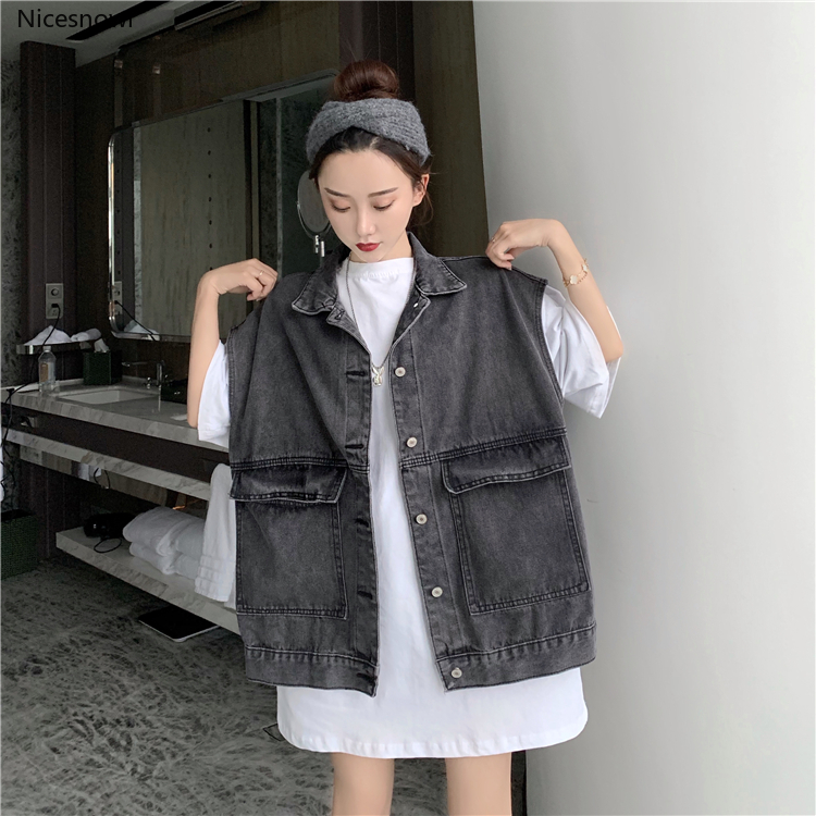 

Women Vests Denim Vest Women Loose Spring Autumn Student Wild Women' Lapel Single-Breasted Vest, Black