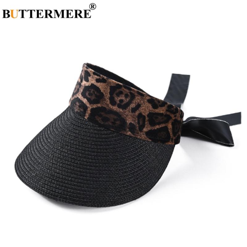 

BUTTERMERE Visor Sun Hats Women Leopard Black Boater Hat Female Fashion Bow Holiday Beach Long Brim Adjustable Ladies Summer Hat, Beige