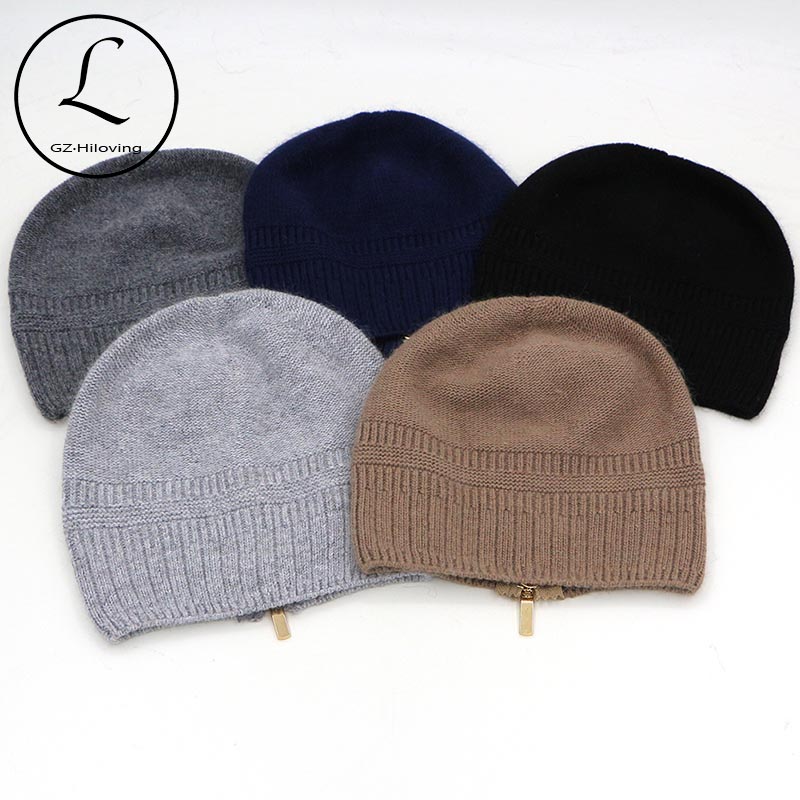 

Adjusted Skullies Beanies Warm Winter Knitted Hats With Zipper Striped Hat Fur Lady Hedging Cap Natural Fur Vrouwen Muts 6906, Black