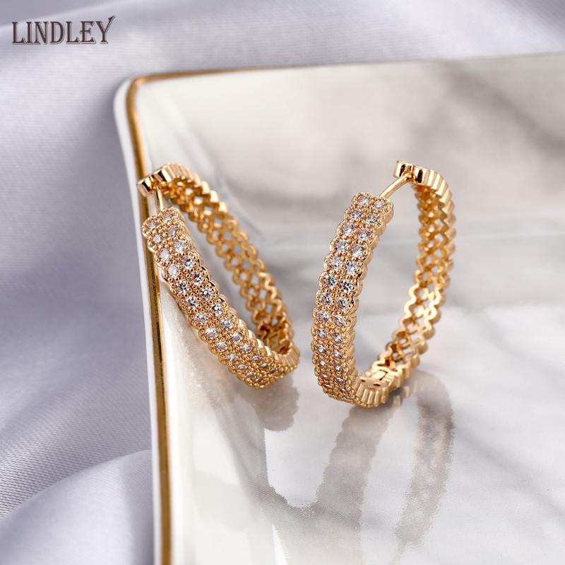 

Hoop & Huggie LINDLEY Dangle Gold Earrings For Women 585 Rose Zircon Fine Long Luxury Micro Inlay CZ Hip Hop Jewelry