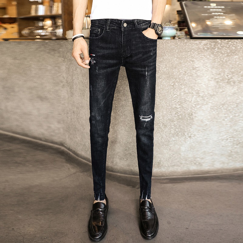 

Summer 2020 Fashion street cowboy denim jeans men's ripped pants embroidery pants Slim feet thin beggar teenagers harem, Black